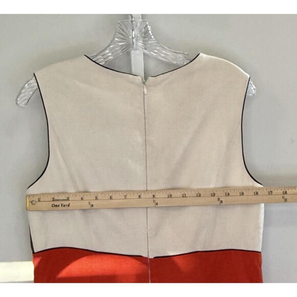 Donna Morgan Dress 14 Linen Colorblock Red Brown Cream Mod Sheath Retro - Picture 4 of 6